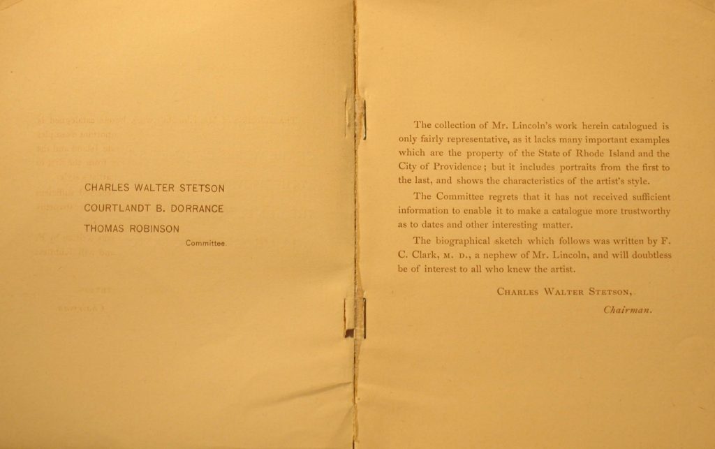 Memorial Exhibition of the works of James S. Lincoln, March 2, 1888, Providence Art Club