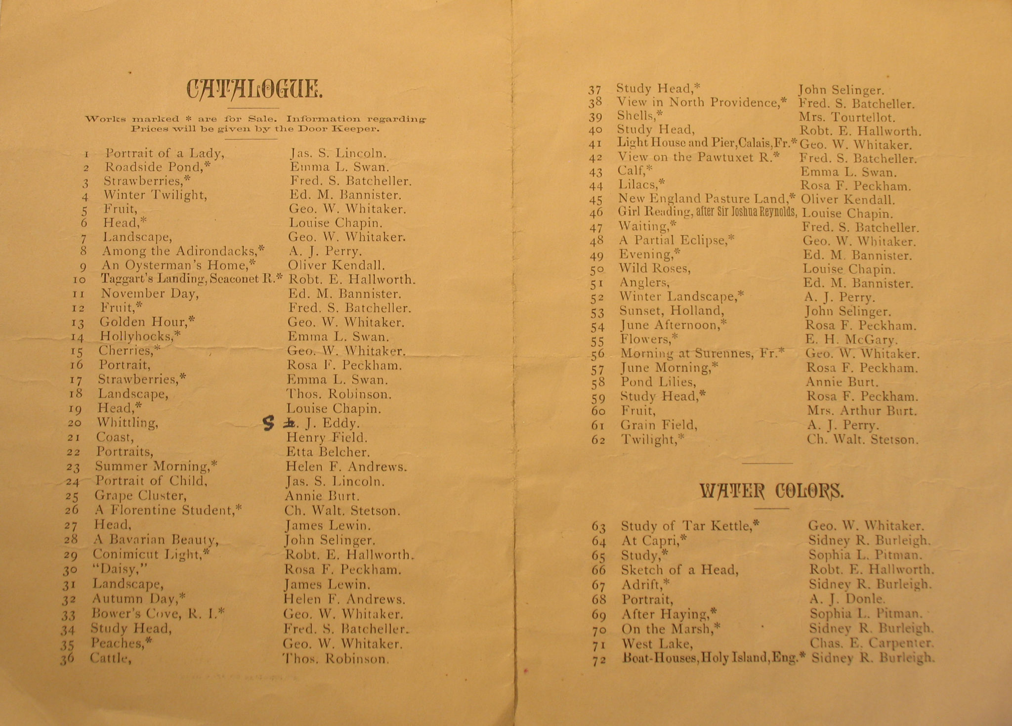 Providence Art Club Catalogue for Dec. 1, 1880, pages 1 and 2